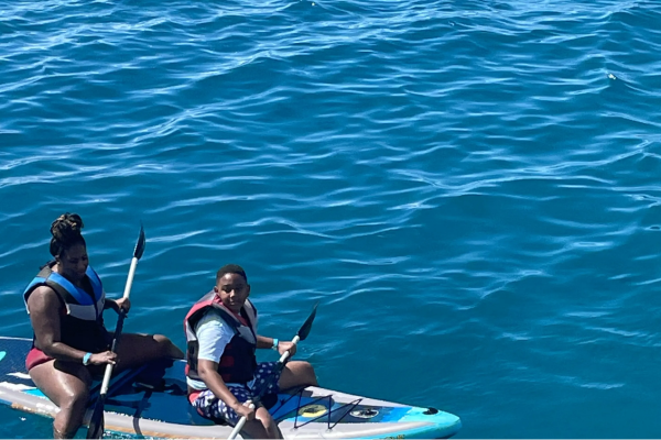 Mother and son kayaking