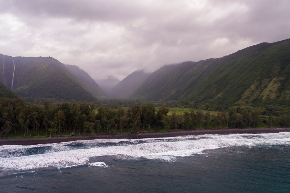 Aerial view of the Hamakua coast at Waipio Valley on the Big Island of Hawaii