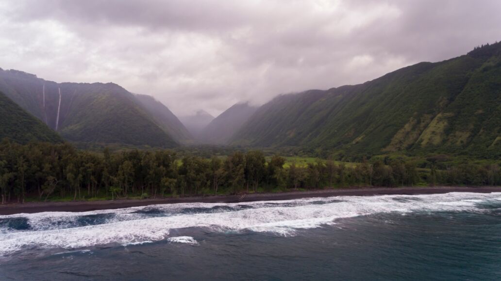 Aerial view of the Hamakua coast at Waipio Valley on the Big Island of Hawaii