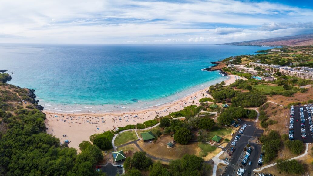 Aerial panorama of the Hapuna Beach State Park. West coast of the Big Island, Hawaii