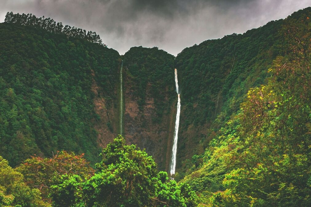 Hiilawe Falls, the biggest and tallest waterfall in the state that feeds the river winding through Waipio Valley in the Hamakua district on the north shore of the big island of Hawai'i, United States.