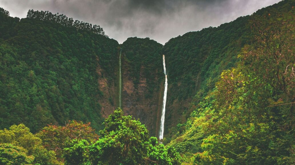 Hiilawe Falls, the biggest and tallest waterfall in the state that feeds the river winding through Waipio Valley in the Hamakua district on the north shore of the big island of Hawai'i, United States.