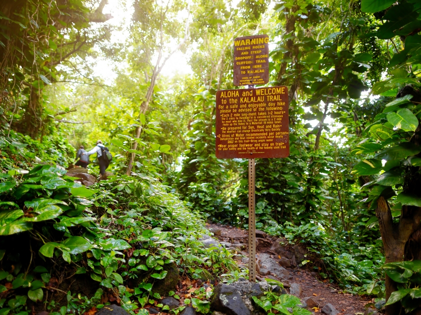 Trailhead of the famous Kalalau trail along Na Pali coast of the island of Kauai in the state of Hawaii