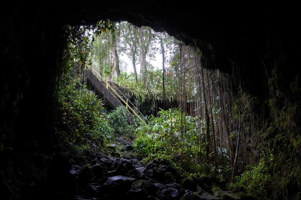 Entrance of Kaumana Caves, a massive 1881 lava tube cave formed by Mauna Loa on the Island of Hawai'i.