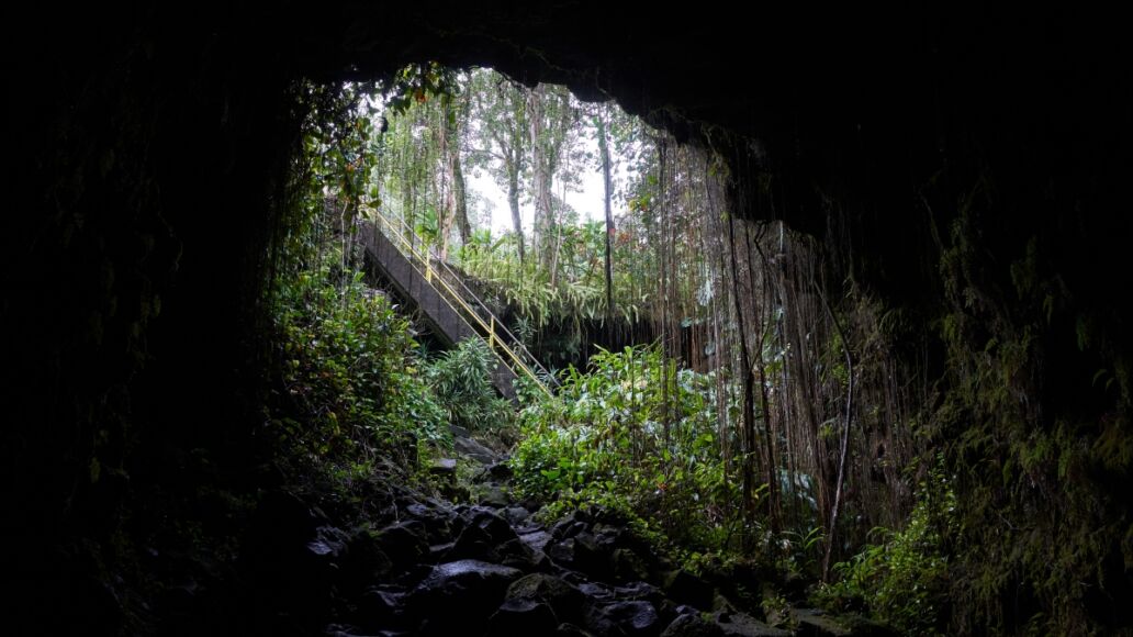 Entrance of Kaumana Caves, a massive 1881 lava tube cave formed by Mauna Loa on the Island of Hawai'i.