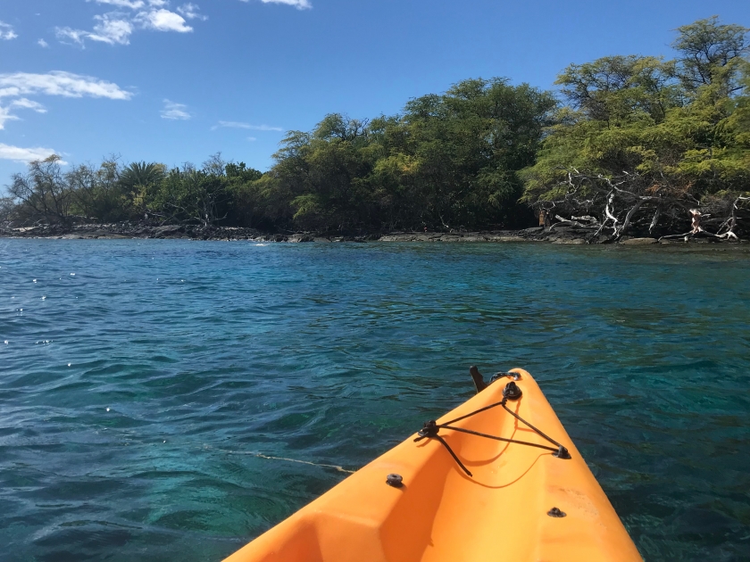 KayakIng on Crystal Blue water on Kealakekua Bay towards Captain Cook Monument