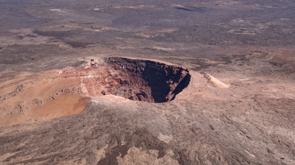 Shield volcano and cinder crater on big Island, Hawaii, taken from a helicopter