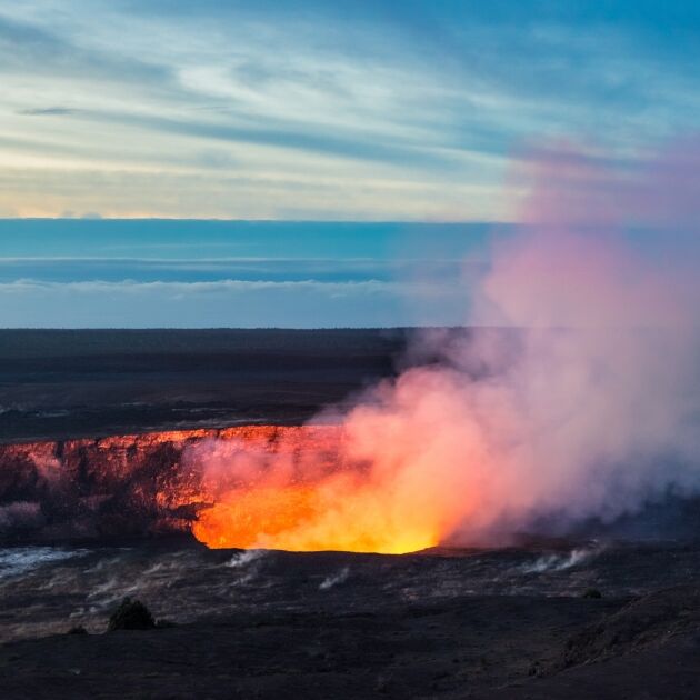 Fire and steam erupting from Kilauea Crater (Pu'u O'o crater), Hawaii Volcanoes National Park, Big Island of Hawaii