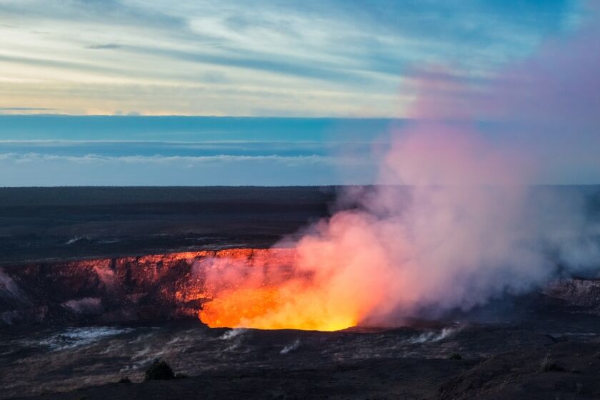 Fire and steam erupting from Kilauea Crater (Pu'u O'o crater), Hawaii Volcanoes National Park, Big Island of Hawaii