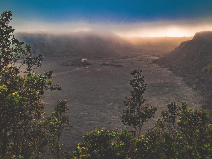 Looking out over the Kilauea Iki Crater from the Crater Rim Trail of Volcanoes National Park on the big island of Hawai'i, United States.