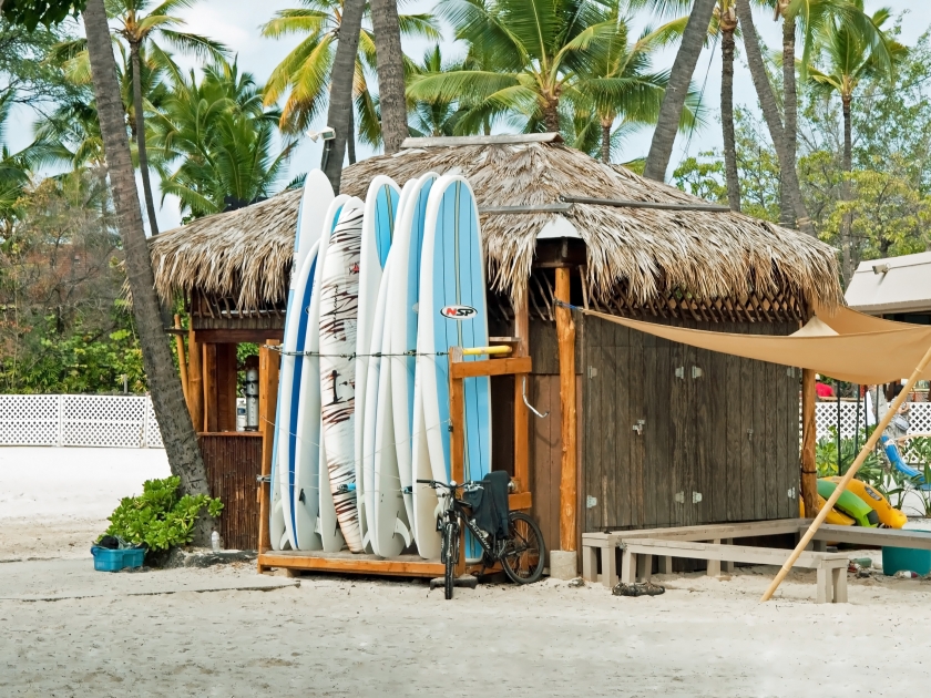 KONA, HAWAII - SEPTEMBER 6, 2011 - Surf rental shop on Kona beach on September 6, 2011 in Kona, Hawaii. Kona beaches are well known for the good spots for surfing.