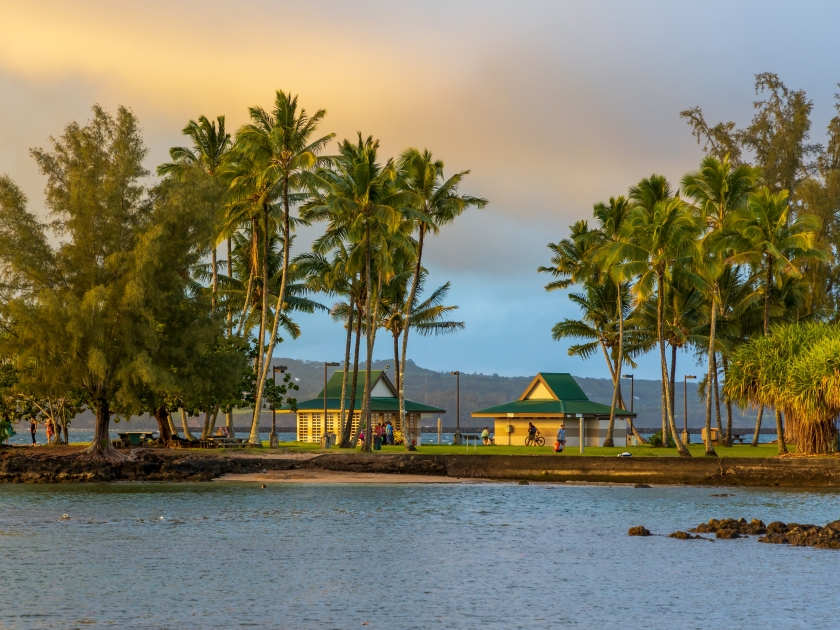 Beautiful Liliuokalani Park and Gardens in Hilo, Hawaii, on a rainy sunset