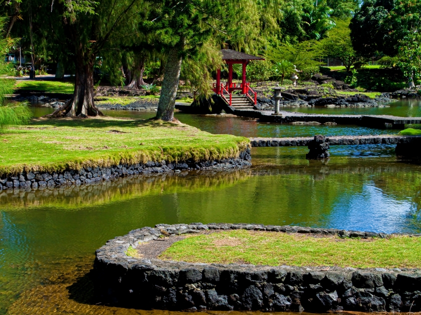 Footbridges Cross Waihonu Pond at The Edo Style Japanese Gardens of Liliuokalani Park and Gardens on The Waiakea Peninsula Neat Downtown Hilo, Hawaii, USA