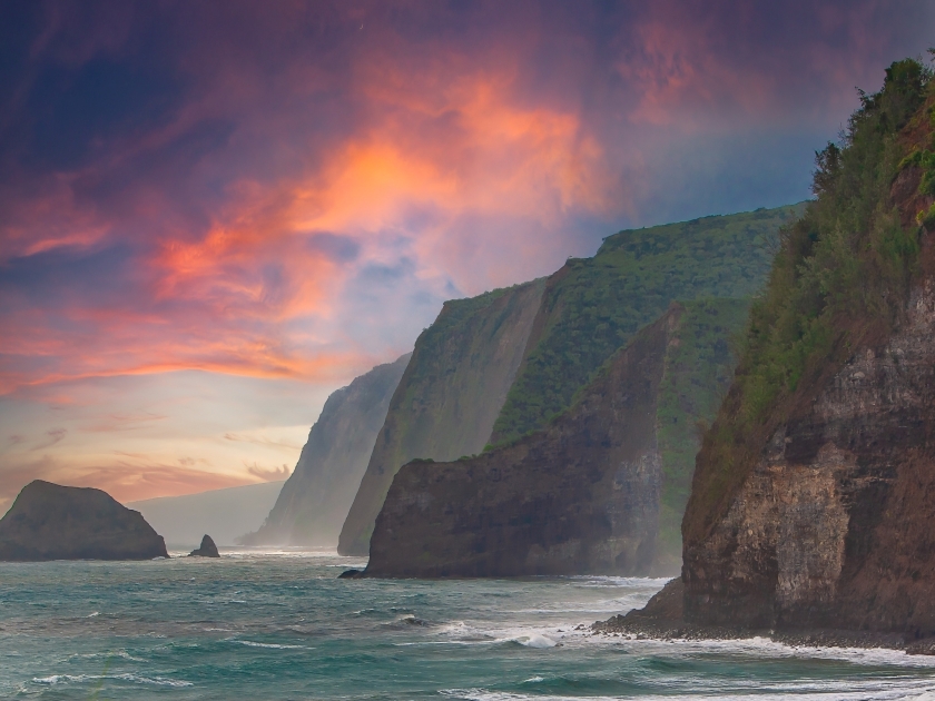 Sunset on the North Shore Big Island of Hawaii. The headlands fall almost vertically into the ocean near the Pololu Valley