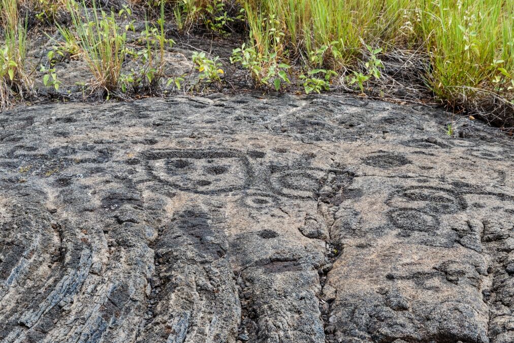 Petroglyphs in lava rock at Pu'uloa along Chain of Craters road, in volcano National Park on the island of Hawaii. Carvings are 400-700 years old.