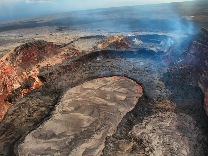 Aerial view of lava lake of Puu Oo crater of Kilauea volcano in Big island, Hawaii