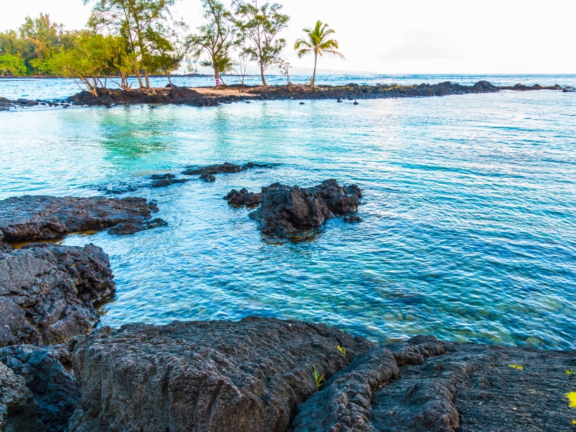 Small Island and Lava Rock Shoreline, Carlsmith Beach Park, Hilo, Hawaii Island, Hawaii, USA