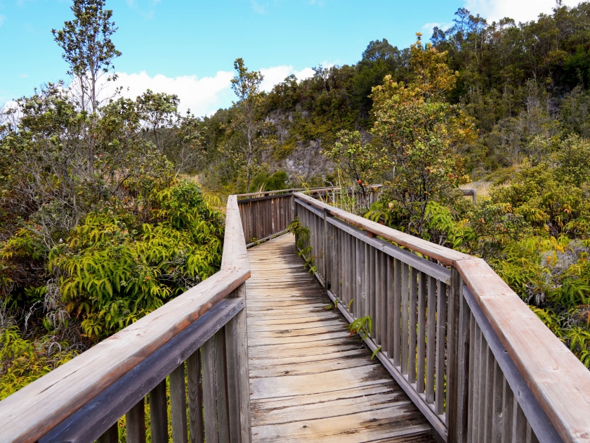 Wooden boardwalk on the Sulphur Banks trail in the Kilauea crater in the Hawaiian Volcanoes National Park on the Big Island of Hawai'i in the Pacific Ocean