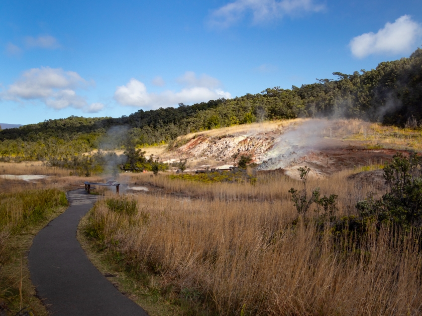 The Sulphur Banks Trail (Ha'akulamanu) emitting hazardous volcanic fumes at Hawaii Volcanoes National Park, Big Island of Hawaii, USA