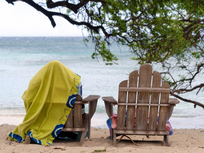 Wooden beach chairs at Waialea beach, Puako Bay, Waimea, Big Island, Hawaii