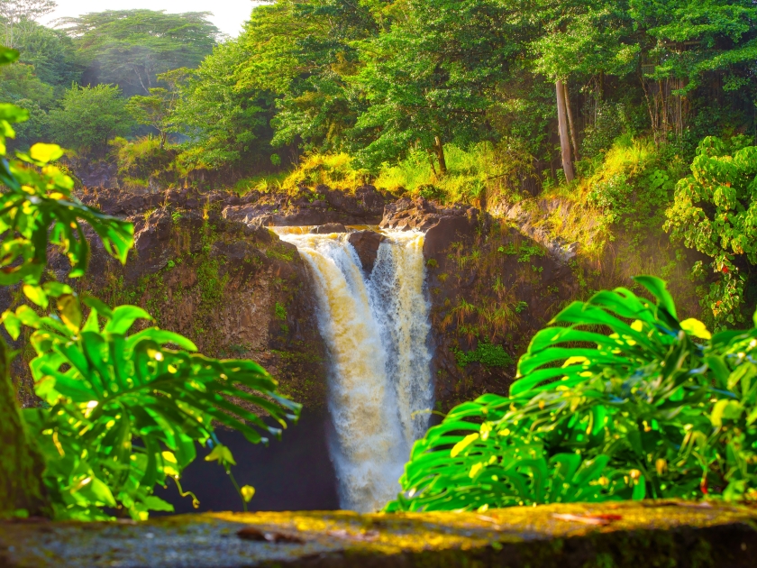 Close-up view of the Wailuku River State Park's waterfall framed by lush greenery, Hilo, Hawaii.