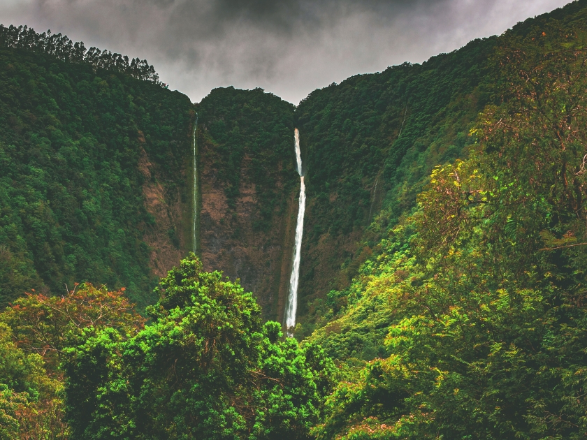 Hiilawe Falls, the biggest and tallest waterfall in the state that feeds the river winding through Waipio Valley in the Hamakua district on the north shore of the big island of Hawai'i, United States.
