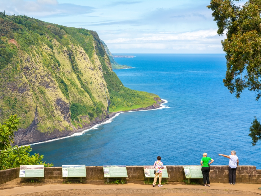 Group of tourists enjoying the amazing view in Waipio Valley, Big Island, Hawaii, Usa