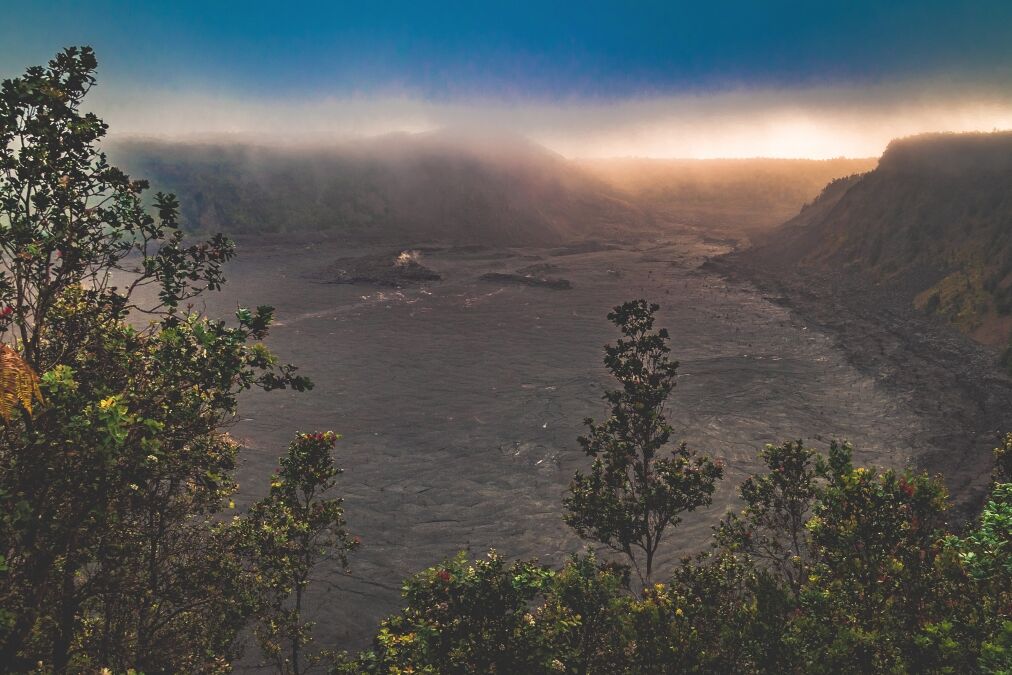 Looking out over the Kilauea Iki Crater from the Crater Rim Trail of Volcanoes National Park on the big island of Hawai'i, United States.