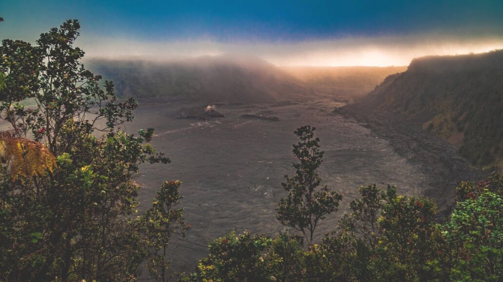 Looking out over the Kilauea Iki Crater from the Crater Rim Trail of Volcanoes National Park on the big island of Hawai'i, United States.