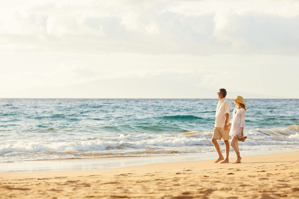 Happy,Romantic,Middle,Aged,Couple,Enjoying,Beautiful,Sunset,Walk,On