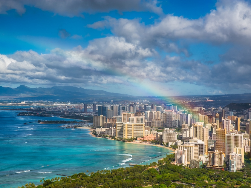 Beautiful rainbow over Hawaii skyline