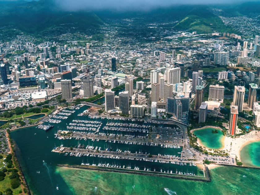 Top view of Honolulu, the capital and largest city of the U.S. state of Hawaii, on the Oahu Island, main gateway of Hawaiian Islands, modern city, unique blend of cultures, popular tourist destination