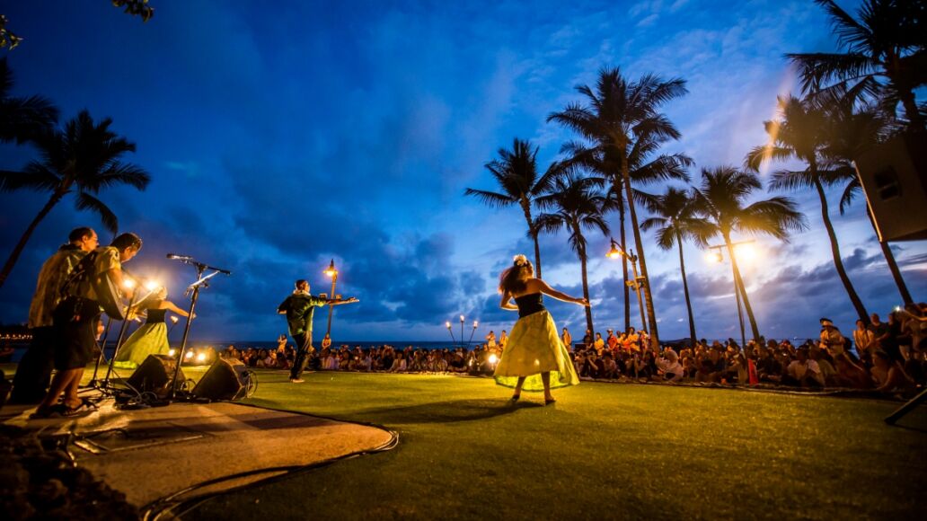 Hawaiian hula dance at Waikiki beach, Hawaii, USA