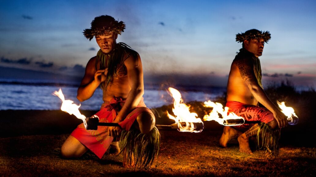 Two Hawaiian Men preparing to Dance with Fire in Maui