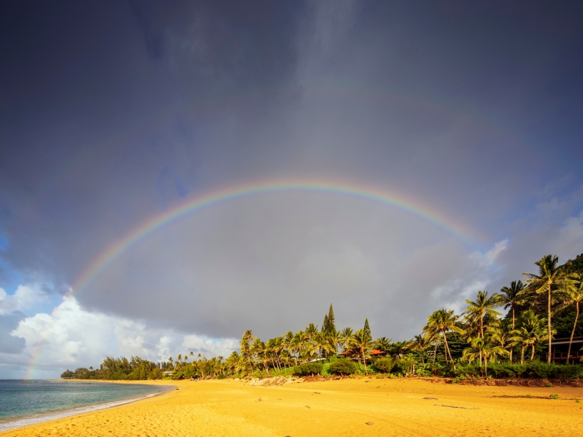 Rainbow over haena state park beach, kauai island, hawaii, united states of america, north america