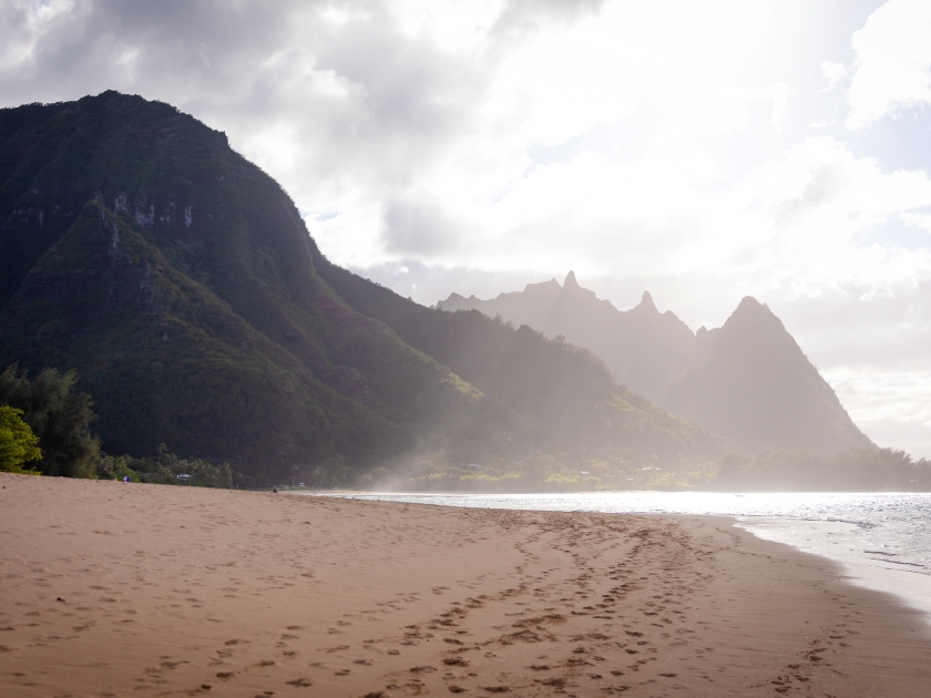 Ha'ena Beach Park on the north shore of Kauai, Na Pali Coast mountains in the backyard at sunset. Haena Beach, no people