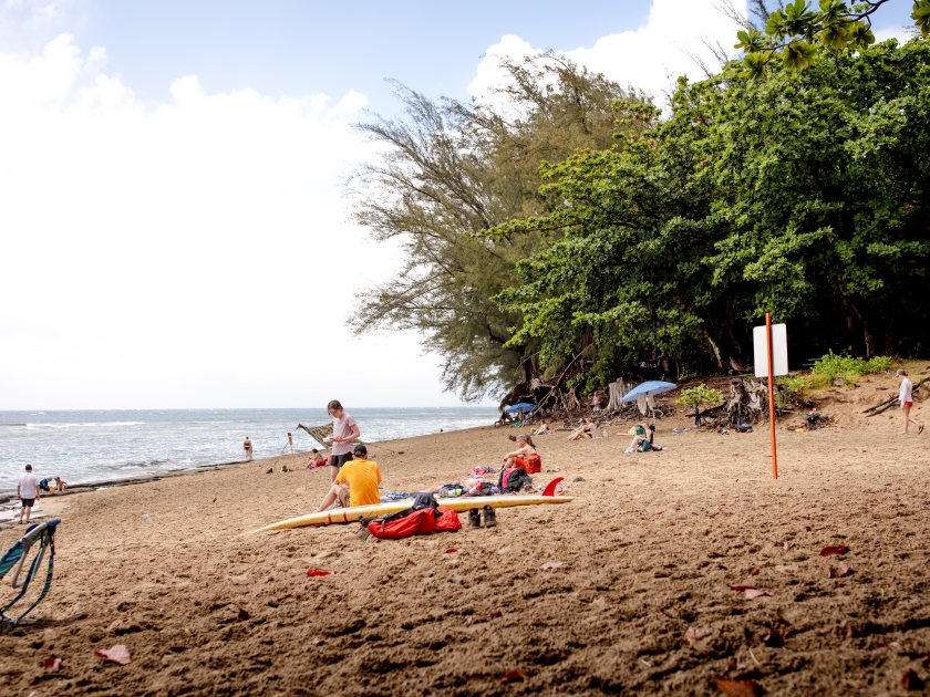 Haena, Hawaii US - July 23, 2024: Ke'e Beach, an idyllic sandy island beach at Kalalau Trailhoead with a reef for summer snorkeling at Ha'ena State Park, Kauai