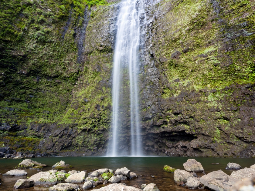 The famous Hanakapiai Falls in Kauai, Hawaii. Long exposure shot of the bottom part.