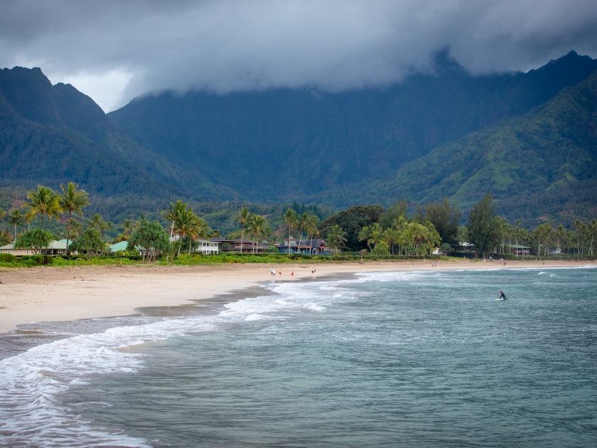 Hanalei Bay beach , North Shore of Kauia, Hawaii , a beautiful hawaiian neach popular for surfing with great view of Napali Coast