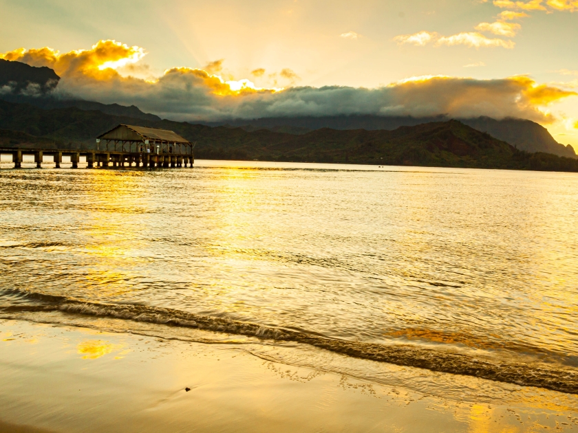 Sunset on Hanalei Pier and Hanalei Bay at Sunset, Black Pots Beach Park, Kauai, Hawaii, USA