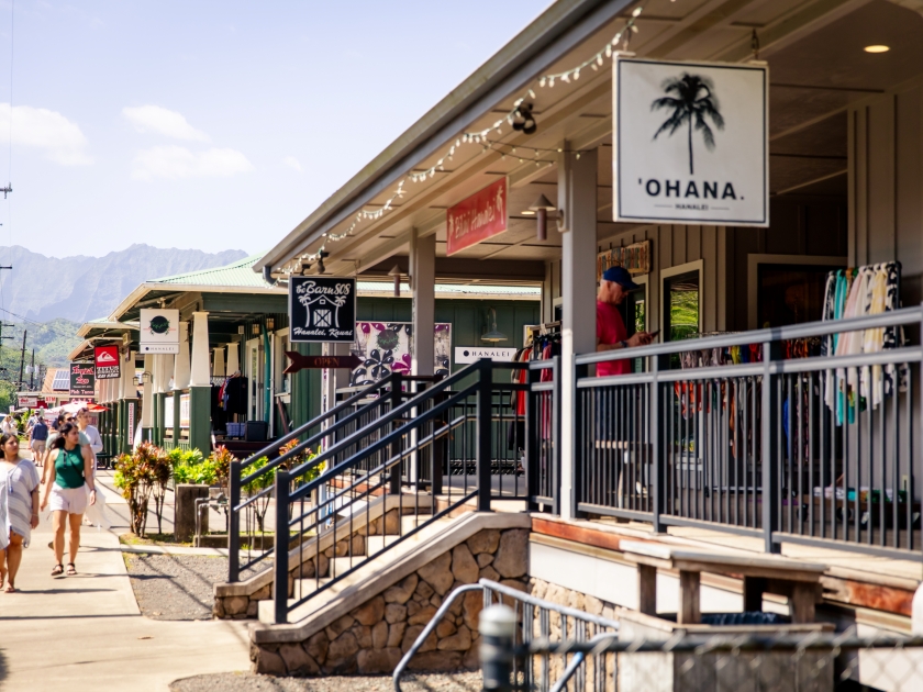 Hanalei, Hawaii US - February 17, 2024: downtown Hanalei, a beautiful town on the North Shore of the island of Kauai, Hawaii, along Kuhio Hwy. City center of Hanalei with shops, bars and restaurants