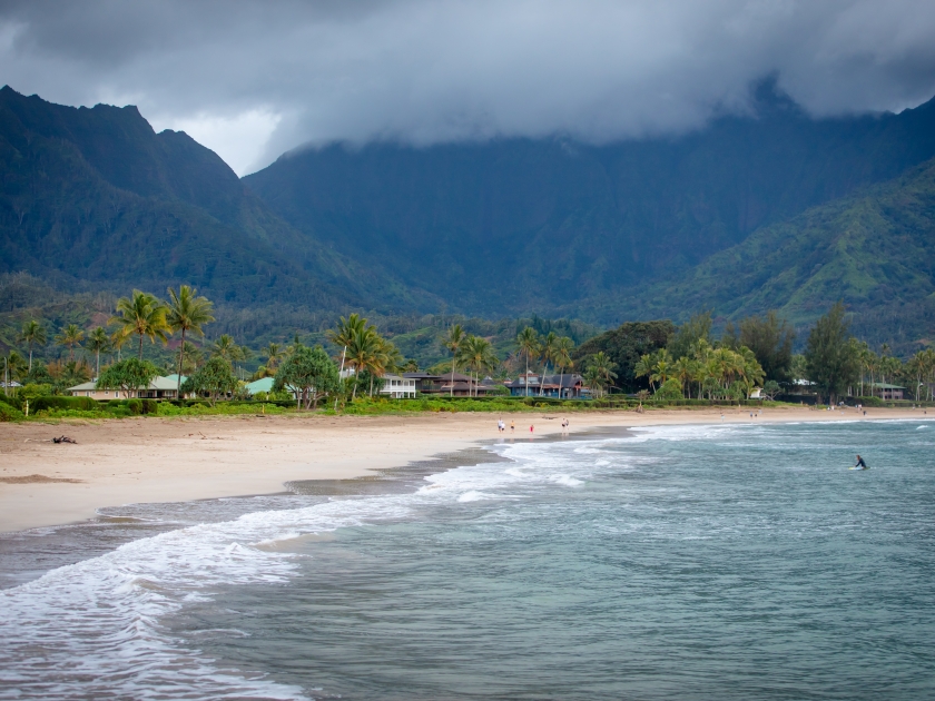 Hanalei Bay beach , North Shore of Kauia, Hawaii , a beautiful hawaiian neach popular for surfing with great view of Napali Coast