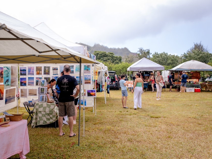 Hanalei, Hawaii US - July 23, 2024: Waipa Farmer Market, Farmers' market in Kauai, with local vendors offering fresh and mostly organic veggies, fruits, flowers and a variety of foods and crafts