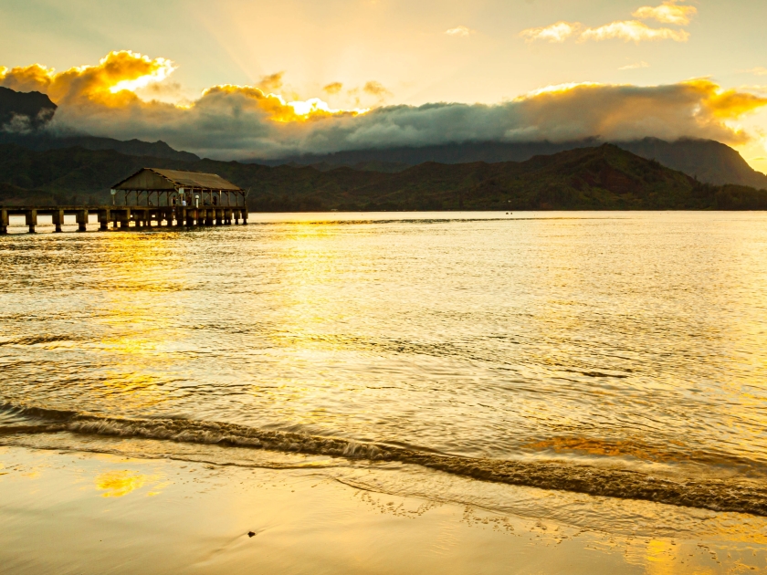 Sunset on Hanalei Pier and Hanalei Bay at Sunset, Black Pots Beach Park, Kauai, Hawaii, USA