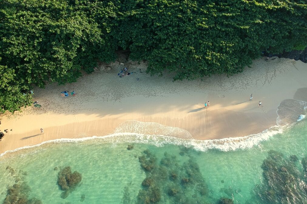 Aerial view of Hideaway Beach in Kauai, Hawaii