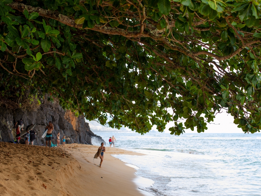 Princeville, Kauai, Hawaii US - July 27, 2024: Small sandy secret Hideaway Beach (Pali Ke Kua Beach), on the Northern Shore of Kauai, close to Princeville, Hawaii