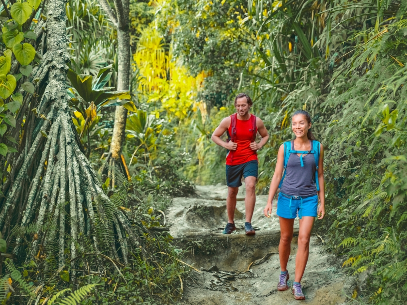 Hawaii hiking hikers on Kalalau trail hike walking in rainforest with tropical trees. Tourists couple with backpacks walking outdoor in Kauai island. Summer travel adventure active lifestyle.