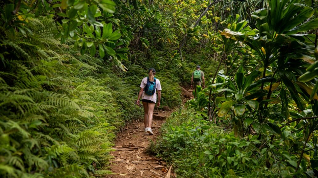 Hikers at beautiful Kalalau Trail at Na Pali Coast on the island of Kauai, Hawaii