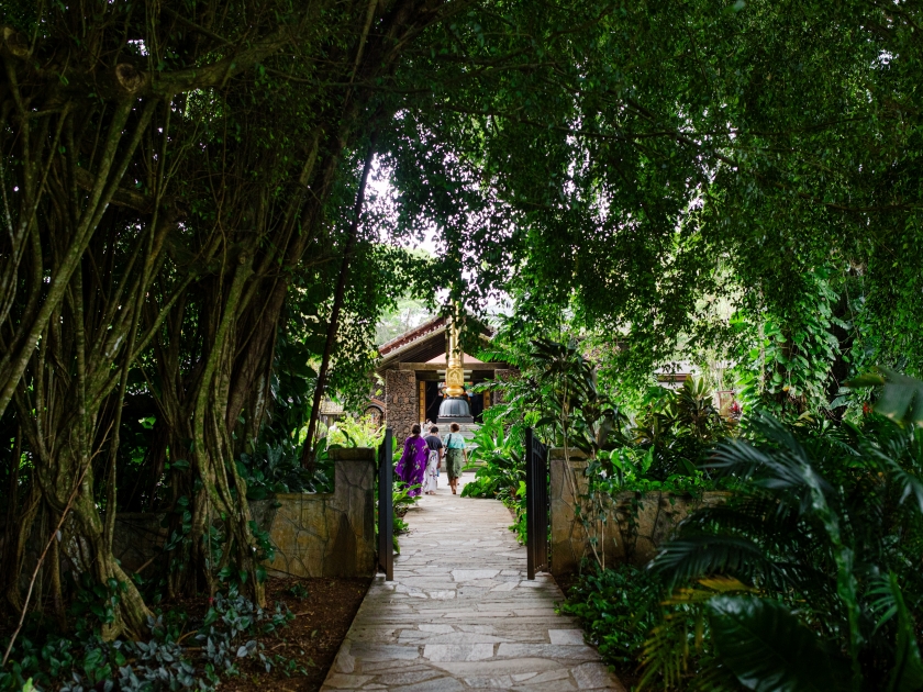 Garden at Kauai's Hindu Monastery, A Hindu monastery-temple complex in Hawaii of the Tamil Saivite tradition, with Indian–style temples on lush, tropical grounds, Wailua, Kauai, Hawaii