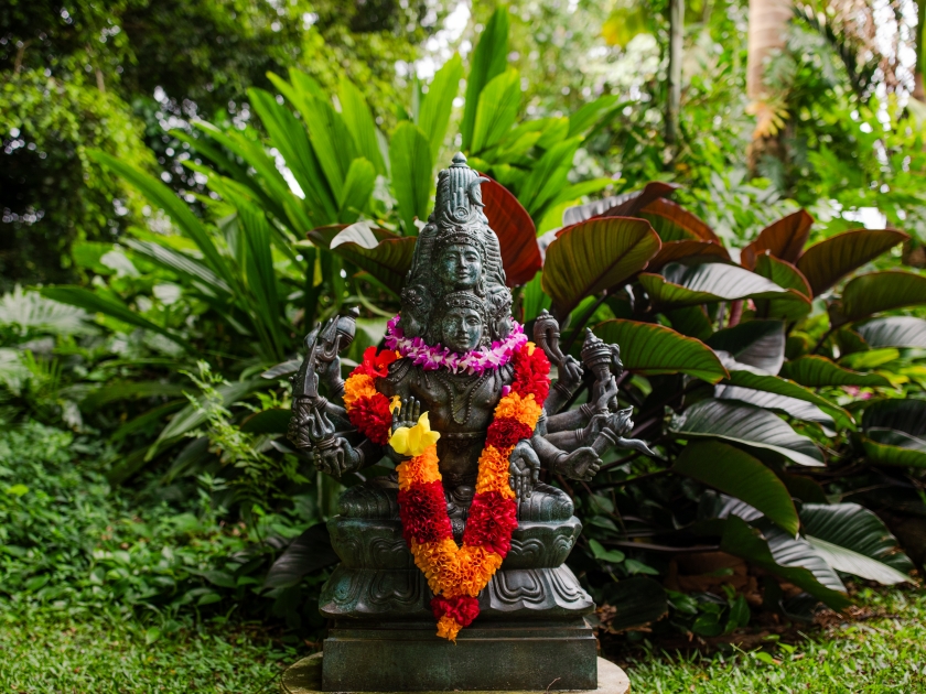 Garden at Kauai's Hindu Monastery, A Hindu monastery-temple complex in Hawaii of the Tamil Saivite tradition, with Indian–style temples on lush, tropical grounds, Wailua, Kauai, Hawaii